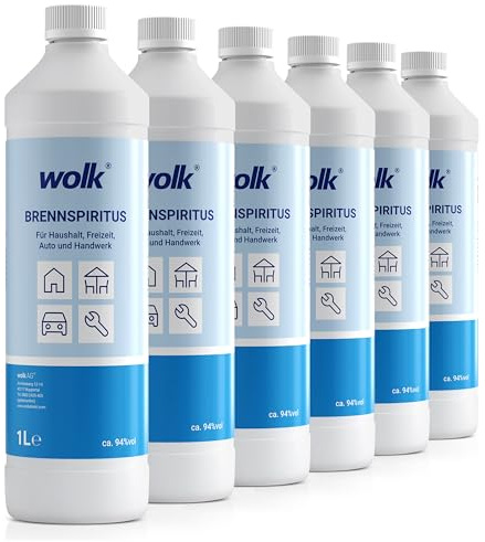 wolk Brennspiritus 6 x 1 Liter, Bioethanol 94%, Ethanol zum Reinigen | mit ca. 94 % vol. CAS-Nr. 64-17-5, UN1170. Für Haushalt, Freizeit, Auto, Handwerk und als Brennstoff.