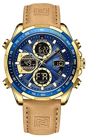 Naviforce Relojes digitales militares para hombre Reloj de cuarzo analógico impermeable Reloj deportivo multifuncional con correa de piel, Moda