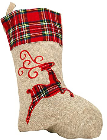 Trimming Shop 26 x 25 cm großer Weihnachtsstrumpf Rentier bedrucktes Muster Jute-Sackleinen Sack Socke Hängetaschen für Kamin Süßigkeiten Geschenke Tasche Heimdekoration Neuheit Zubehör, 1 Stück