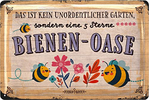 LANOLU Cartel de chapa retro con diseño de abeja y oasis para jardín con refranes, decoración nostálgica como regalo de jardinero, decoración retro, vintage, metal para jardín en aspecto de madera, 20