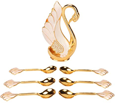 Support de Base en Forme de Cygne avec Fourchettes et Cuillères, Service de Table à café Innovant en or pour Bistros, Bars, Fêtes, Service de Table (Cuillères blanches dorées)