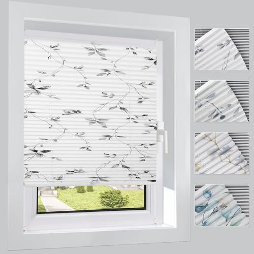 HOMEDEMO Plissee ohne Bohren Verdunkelung mit Weinblätter Streifen Muster, Verdunklungsplissee Klemmfix, B85 x H110 cm, Sichtschutz Sonnenschutz, Rollos für Fenster und Tür