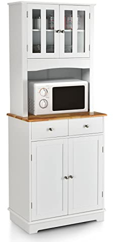 GOPLUS Buffet Haut Cuisine 170 cm avec Espace Ouvert, Porte Micro-Onde avec Porte en Verre Trempé, Comptoir Bois d'hévéa, Étagères Réglables, 2 Tiroirs, pour Salle à Manger, Cuisine, Blanc