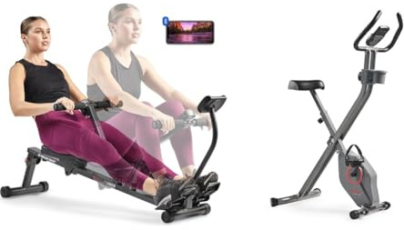Sunny Health & Fitness Smart Compact Adjustable Rowing Machine, 12 Levels Adjustable Resistance + Smart Folding X-Bike, Portable Compact Exercise Bike for Indoor Cycle, 14-Level Resistance