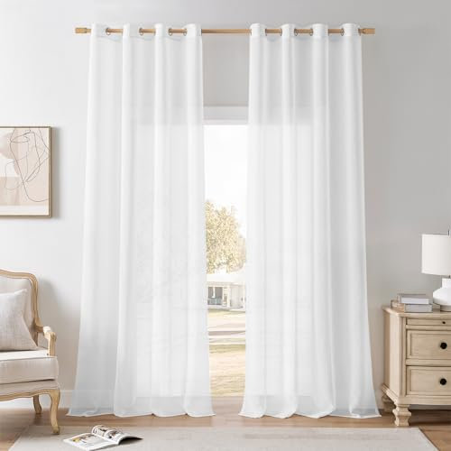 Softalker Vorhänge Schlafzimmer mit Ösen Voile Gardinen Weiss Gardinenschal Transparent Vorhang 240 cm Lang Leinenoptik Gardinen Schals 2er Set Ösenschal 140 cm Breite für Wohnzimmer