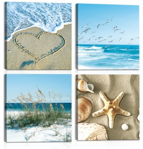 HPNIUB Strand Badezimmer Wandkunst, Moderne Dekorationsbilder Strandbilder für Wände, Leinwand Bilder bild badezimmer Strand Badezimmer, Muschel Seestern und Strandbild Malerei Set von 4 (40 x 40 cm