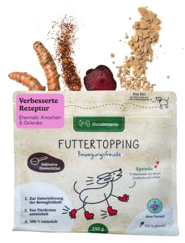 Hunderunde – Futtertopping Bewegungsfreude Knochen & Gelenke 250g – Beweglichkeit & Starke Knochen I Bierhefe MSM Hagebutte Omega-3 Alge Curcuma Rote Beete Algenkalk Hyaluronsäure