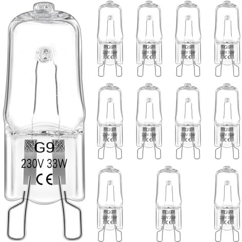 Morotty 12 Stück G9 Halogen Leuchtmittel 33W 230V, Glühbirne Halogen Dimmbar 2800k Warmweiß, 300 Grad, Halogenlampe G9 für Ofen-und Mikrowellenherd, Kronleuchter, Kabinettbeleuchtungen
