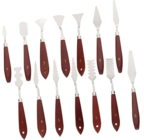 Set Spatole per Pittura a Olio 14 Pezzi Manico in Legno | Acciaio Inox, Marrone, per Miscelazione Colori e Applicazione, 14 Strumenti Inclusi