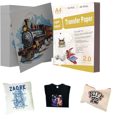 LetCartMaker Transferpapier, helle Farbe, A4, Inkjet-Wärmetransferpapier für leichte Stoffe, bedruckbares HTV, Bügelbilder für T-Shirts, Tintenstrahl- und Laserdrucker (Upgrade, 20 Blatt)
