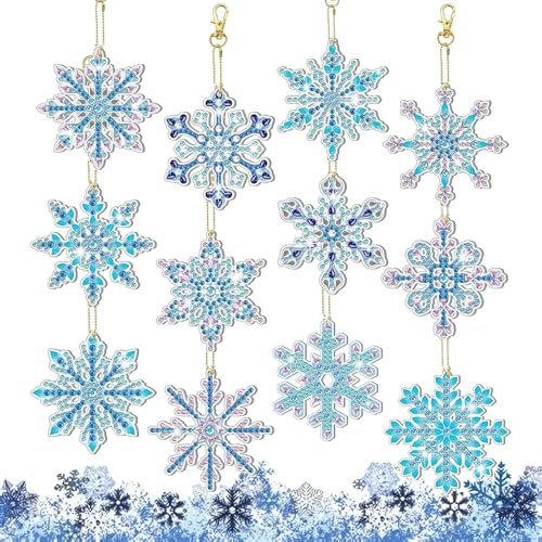 HO2NLE 12 Stück Diamond Painting Weihnachten Anhänger Schneeflocke DIY 5D Diamant Painting Schlüsselanhänger Weihnachten Deko für Weihnachtsbaum Fenster Hängend Deko