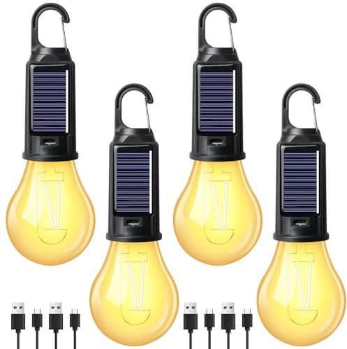 Lámpara solar de camping, 4 unidades, luces de camping, recargables, linterna de camping con mosquetón, linterna LED para camping, lámpara de camping, lámpara de camping para emergencias, senderismo,