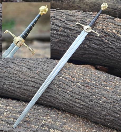 Blackfyre Dekoratives Schwert, 101,6 cm, 1095 Karbonstahl, Battle Functional Full-Tang mit Wandhalterung, Zweischneidig mit Blutrinnen, Goldener Messinggriff