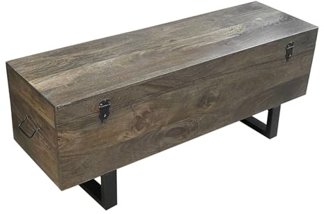 Riess Ambiente Industrial Truhenbank Factory LOFT - 115cm - braun schwarz - Mangoholz Metall - Massive Sitzbank mit Stauraum