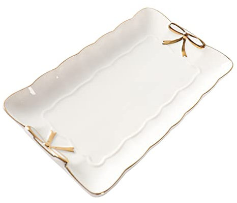 HORIALENCE Plat à Bijoux Décoratif Céramique Blanc Orné Bord Doré, Plateau De Service Apéritif, Assiette D'apéritif Carré, Pour Rangement Bijoux Et Présentation, Usage Intérieur, Taille Moyenne
