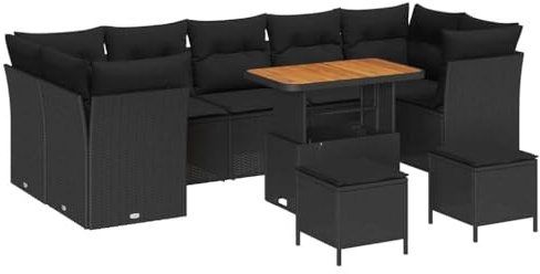 vidaXL Trädgårdsoffset 10 pcs Svart konstrotting, Trädgård och terrass, modern utemöbelset, rattansoffor, akaciaträ, sittgrupp för altan