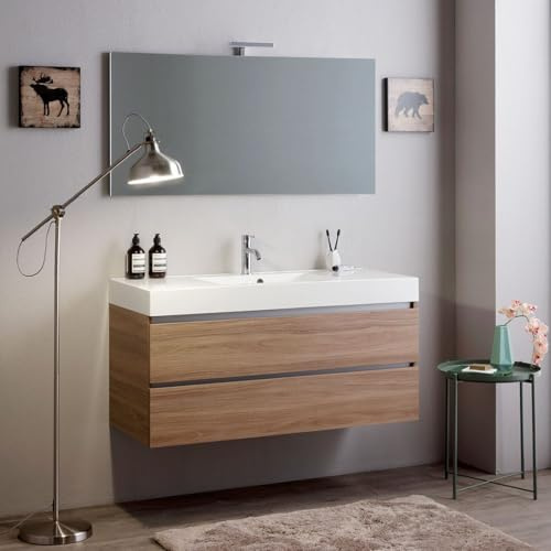 Kiamami Valentina - Mobile bagno sospeso 120cm cassetti rovere naturale e specchio 120x60 | Valentina