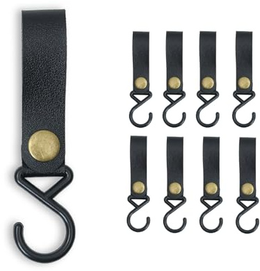 LEMLIN 8 Stück S-Haken mit Lederschlaufe – Schwarze für Küche, Bad, Garderobe & Camping – Kleiderhaken, Türhaken, Wandhaken, Handtuchhaken (12 x 3 cm)