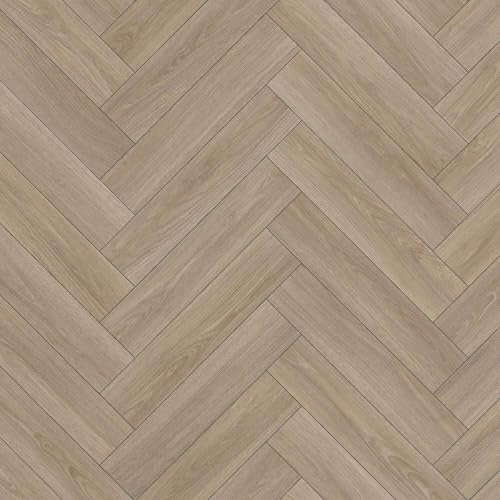 Vinyl Flooring Wood Oak Herringbone Design Foam Backed Vinyl Flooring Roll | Non-Slip Easy Clean Waterproof Lino Vinyl Floor | Living Dining Room, Lounge, Hallway Flooring (Soft Oak, 3m x 2m)