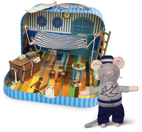 Mouse Mansion To Go – Sailor's Cabin DIY Dollhouse in a Suitcase & Grandpa Sailor 12 CM Plush Mouse | Wooden Furniture, Handmade hammock and metal mini bucket and binoculars | Craft Kit