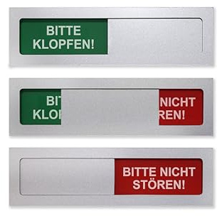 FREI/BESETZT-Schild Mini: BITTE KLOPFEN/BITTE NICHT STÖREN - Dezente & elegante 10x2,7x0,5 cm - Acryl-Schiebeschild - Silberner Rahmen & Schieber - Starke 3M Klebefläche rückseitig - SynMe Germany