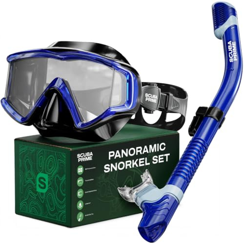 Scuba Prime Pano 3 180° Panoramic Dive Mask, Three-Window Tempered Glass Scuba Mask with Dry Top Snorkel, Dual-Layer Silicone Skirt Anti-Leak Diving Gear for Men Women Teens Adults, Ocean Blue