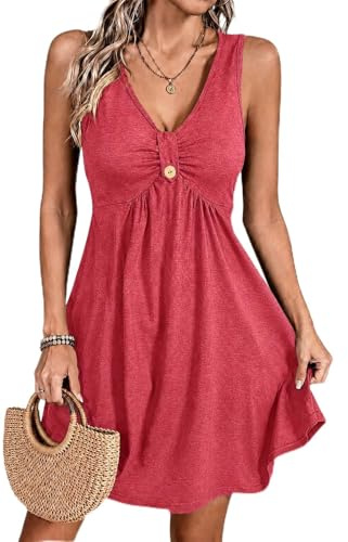 ROFUSSO Abiti Estivi da Donna 2026 Abito Senza Maniche con Scollo a V Abito Casual A-Line Canotta Mini Abiti da Spiaggia(Rosso,L)