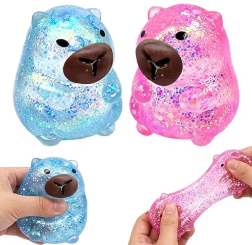 Capybara Squishy, Fidget, 2 Stück Stressball Set für Erwachsene und Reisende, Niedliches Squishies für Konzentration und Stressabbau, Ideal für Büro, Reise und Geschenk (Blau+Rosa)