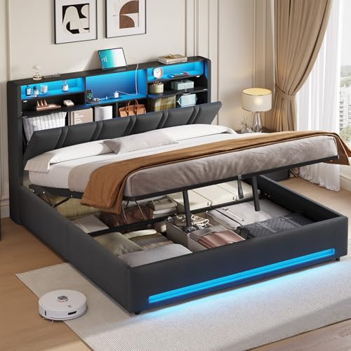 DICTAC Bett 180x200 Grau mit LED und USB-C – Polsterbett mit Bettkasten, Hydraulik, Stauraum 30cm, inkl. Lattenrost, gepolstertes Kopfteil mit Ladestation, bis 450 kg – Doppelbett für Erwachsene