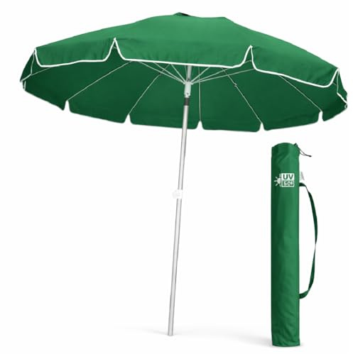DANYX Ombrellone Mare Spiaggia 200 cm Antivento 12 Stecche Fibra di Vetro, Palo Alluminio 32 mm, UV50+ Inclinabile 45°, AirVent, Punta Trivella con Custodia (Verde)