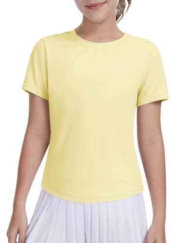 DOCUMO Girls T-Shirts Quick Dry Short Sleeve Sports Tops（Light Yellow,XS