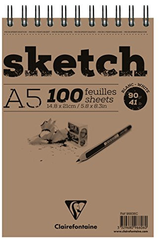 Clairefontaine 96606C - Skizzenblock Sketch mit Doppelspirale, DIN A5 14,8x21cm, 50 Blatt, ideal für Trockentechniken, 90g, Weiß, 1 Stück