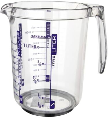 Fackelmann Jarra Medidora de Cocina, 1 litro de capacidad, con escala para medir líquidos, azúcar y harina, Plástico SAN Transparente. Medidas 17,5x12,5x16,5 cm, 1 ud
