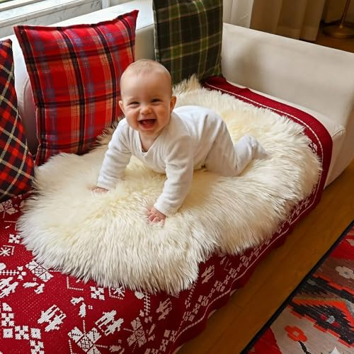 Aegis Cover Baby Sheepskin Rug, Genuine Australian Merino Wool, Ultra Soft Fluffy Natural Wool Baby Carpet for Crib Nursery (Ivory-White,2 x 3.5ft Sheepskin)