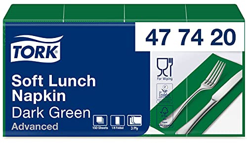 Tork 4774420 Soft Lunchservietten Dunkelgrün 1/8 Falz / 3-lagige, vorgefaltete Servietten für kleine Gerichte & Snacks / Advanced Qualität / 10 x 150 (1500) Papierservietten / 32,6 x 33 cm (B x L)