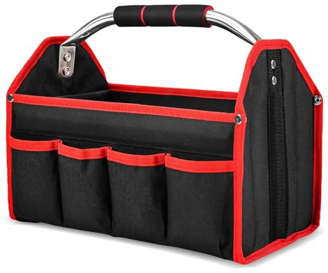HAUTMEC 13-Inch Foldable Open Top Tote Bag, 8-Pocket Wide Mouth Tool Bag, Tubular Steel Heavy Duty Electrician Tool Bin for Tool Organization and Storage TB0001