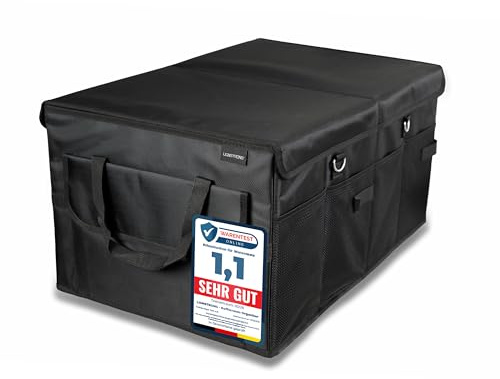LIONSTRONG® Caja organizadora para maletero – Plegable y antideslizante con asas y compartimentos para coches pequeños, berlinas y SUV – Para compras, herramientas y viajes, compacta y resistente