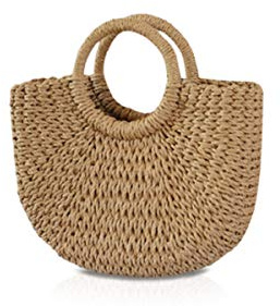NICOLE&DORIS New Women's Summer Beach Bag Handle Rattan Straw Bag Woven Handbag for Lady 30x10x20cm, Khaki, M