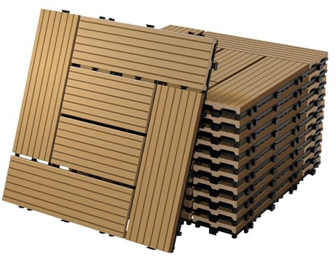 ECD Germany WPC Terrassenfliesen 30x30 cm/33 Stück=3m², Teak, Mosaik, Holzoptik, Bodenbelag mit Klicksystem und Drainage, Terrassendielen Balkonfliesen, Klickfliesen für Terrasse, Garten und Balkon