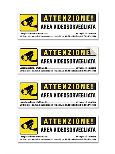 4 Adesivi Videosorveglianza Piccoli, misura: 15 x 5 cm, Cartelli Area Videosorvegliata Impermeabili, in PVC morbido. 4 pz.