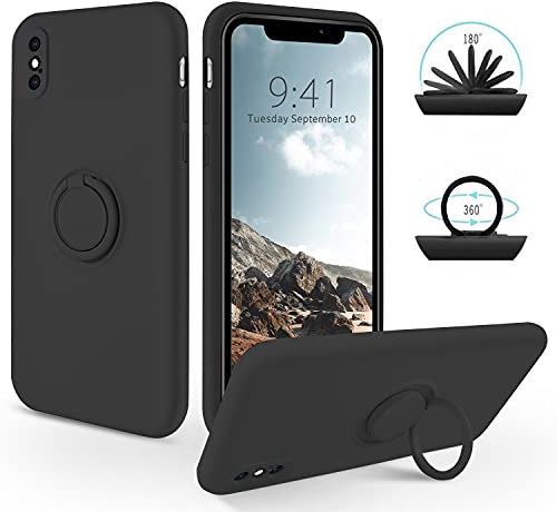 SouliGo iPhone XS Case, iPhone X Case Silicone Gel 360° Ring Holder Kickstand Magnetic Car Mount Slim Soft Rubber Anti-Scratch Protective Shockproof Phone Cases for iPhone XS/X 5.8 - Black