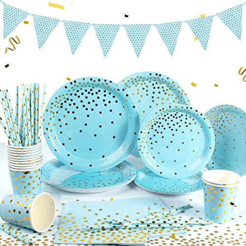 Yidaxing Stoviglie da festa blu e oro, 122 pezzi stoviglie usa e getta decorazione compleanno set includere piatti di carta, asciugamani, cannuccia, tazze per matrimonio, servire 24 ospiti