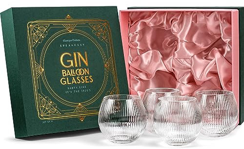 Vintage Art Deco Gin and Tonic Balloon Glasses | Set of 4 | 400 ml Stemless Crystal Copas for Drinking Gin Cocktails | Retro Gift Goblets for Gin Lovers | Fishbowl Bubble Cups for Bar Drinks