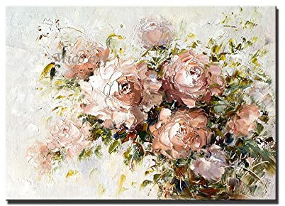 LCDIUDIU Acrylbilder Auf Leinwand Handgemalt, Rosa Textur Rose Blume Grüne Blätter Moderne Abstrakte Kunstwerke Handgemalte Ölgemälde Auf Leinwand Wandkunst Für Wohnzimmer Schlafzimmer B