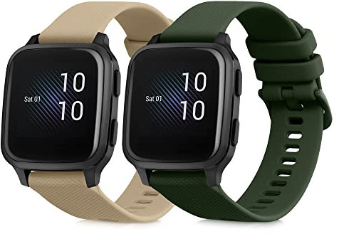 kwmobile Straps Compatible with Garmin Venu Sq Music/Sq Straps - 2x Replacement Silicone Watch Bands - Smartwatch or Fitness Tracker - Dark Green/Beige