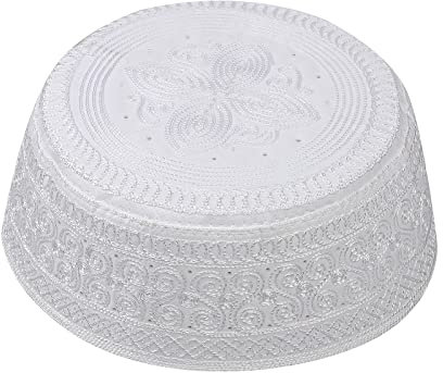 Männer Muslimische Gebetskufi Hut Gebet Kopfbedeckung Kappe Islamische Beanie Totenkopf Kappe Stickerei Kofia Topi Sonnenhut, Weiß, 56 cm, M/L