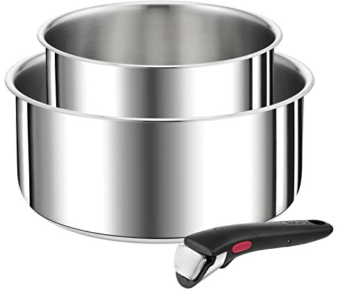 TEFAL Ingenio Set of 3 Saucepans 16/20 cm + Removable Handle, Stackable, Stainless Steel, Induction, Versatility, Space Saving, Preference L9739302, Silver