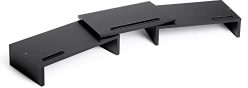 Mondeer Dual Monitorständer, Unterbau Bildschirm Laptop Ständer Holz mit Verstellbare Länge und Schwenkwinkel, 3 Funktioneller Halteschlitz mit Kabelführung für PC Computer Laptop Drucker, Schwarz