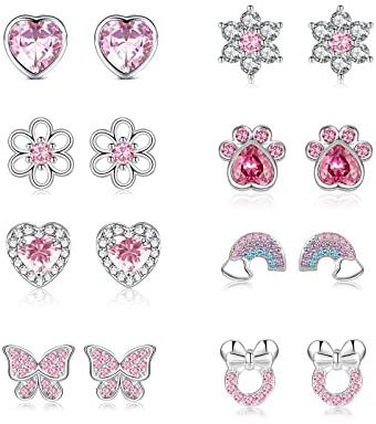 LOUMILEO 8 Paare Silber Ohrstecker Hypoallergene CZ Blume Herz Ohrringe Kinder Silber Mädchen Hypoallergene Ohrstecker Set für Mädchen Damen