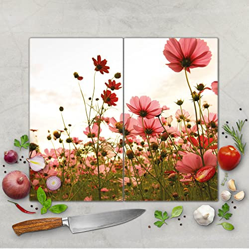 banjado Schneidebrett Glas mit Motiv Schmuckkörbchen - großes zweiteiliges Glasschneidebrett rechteckig 2 x 30 cm x 52 cm - auch verwendbar als Schneidebrett Herdabdeckung